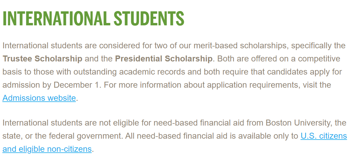 보스턴 대학교 국제학생 장학금 제도 (출처 : 대학 홈페이지)