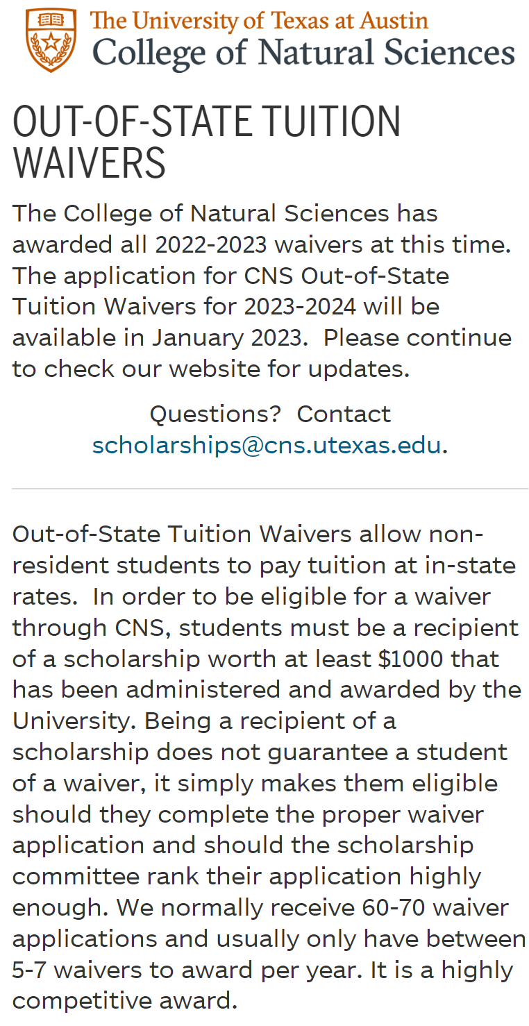 텍사스 대학교 오스틴 Out-of-State Tuition Waiver (출처 : 대학 홈페이지)